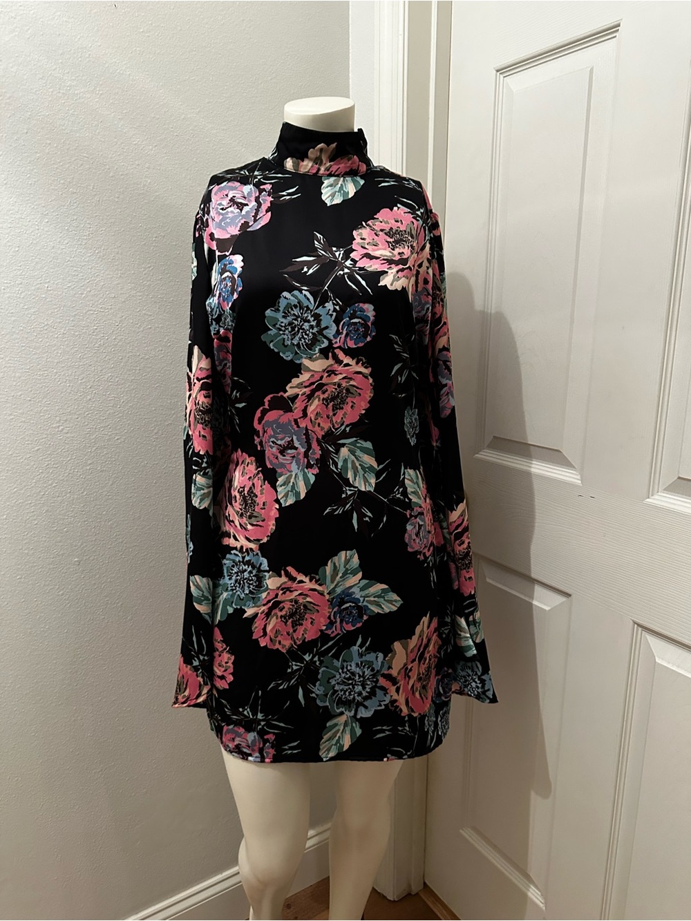 Black Floral High-Neck Mini Dress - Pink & green small long flowy sleeves